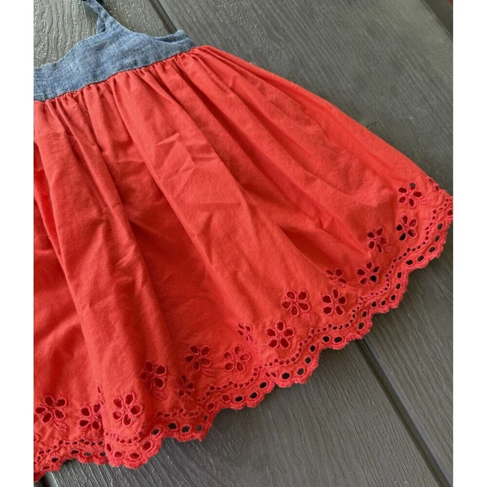 Baby Gap Girl Dress 6-12 Months Eyelet Trim Red Blue USA Chambray